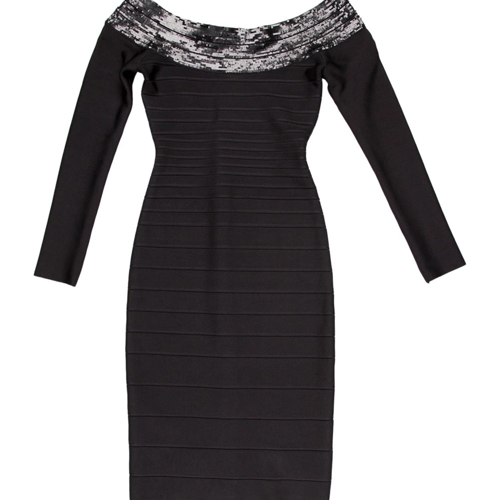 Herve Leger Black Off-the-Shoulder Long Sleeve Bandage Dress with Silver Trim
